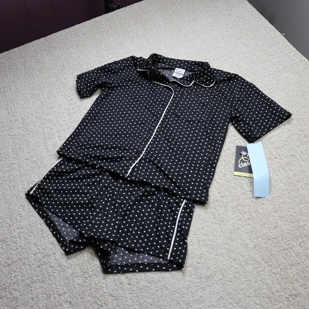 Art Class Girls Pajama Set Black White Heart Print Short Sleeve Shorts L 10/12